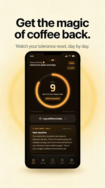 Caffeine Break Buddy screenshot — the recovery ring tracking your tolerance back toward baseline
