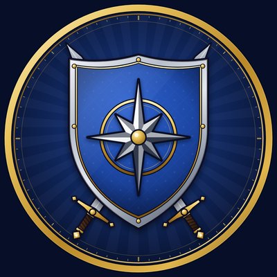 The Grey Company crest: a blue shield with a silver compass star and crossed swords, in a gold ring