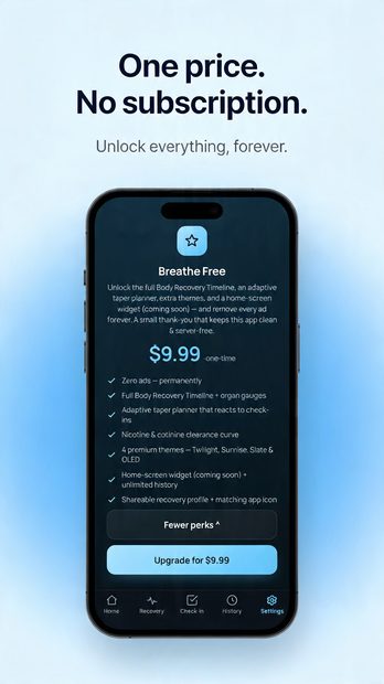 Nicotine Break Buddy screenshot — the Breathe Free unlock — one price, no subscription