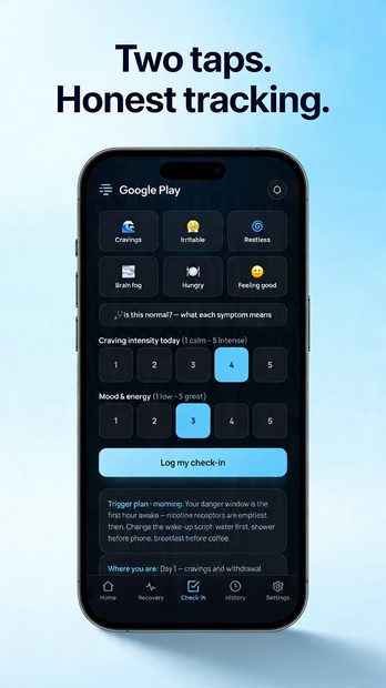 Nicotine Break Buddy screenshot — a two-tap daily check-in for symptoms, cravings and mood