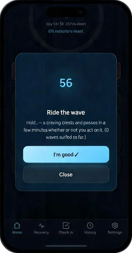 Nicotine Break Buddy's Ride the wave timer counting down from 56 seconds, with buttons for I'm good and Close