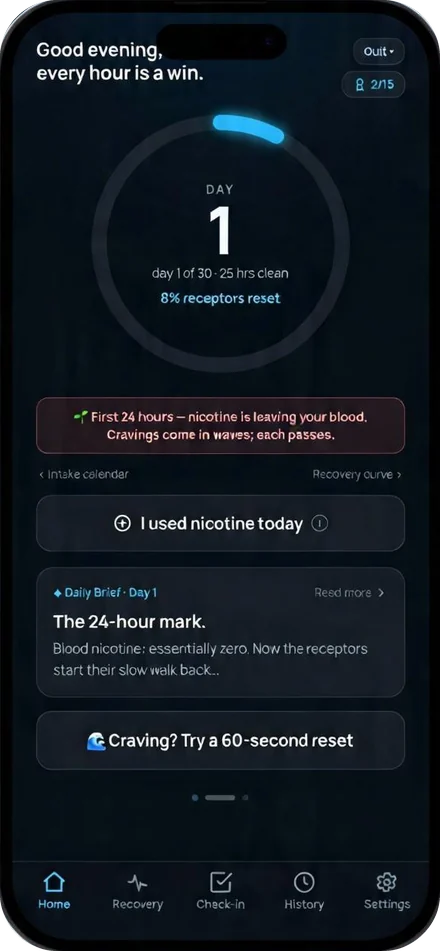 Nicotine Break Buddy on day 1: a blue ring, a note that nicotine is leaving the blood in the first 24 hours, and a button for a 60-second reset
