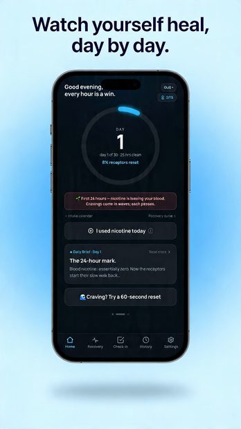 Nicotine Break Buddy screenshot — the receptor-reset ring on day one, showing 8% of receptors reset