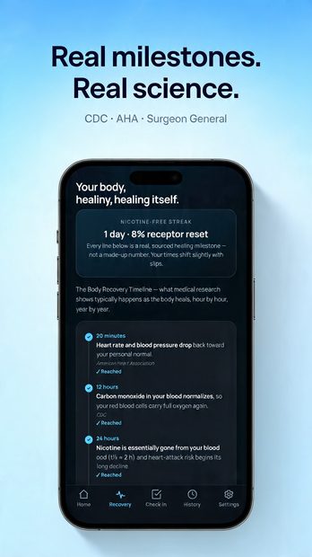 Nicotine Break Buddy screenshot — the body recovery timeline with sourced healing milestones