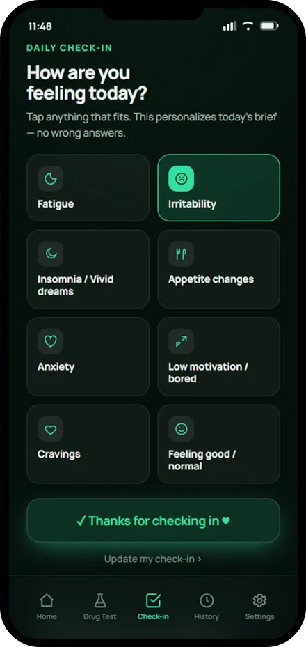 THC Break Buddy's daily check-in, with tiles for fatigue, irritability, insomnia or vivid dreams, appetite changes, anxiety, low motivation, cravings and feeling good