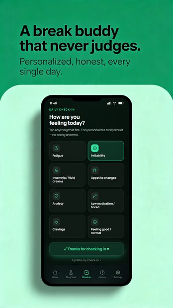 THC Break Buddy screenshot — a daily check-in that takes seconds