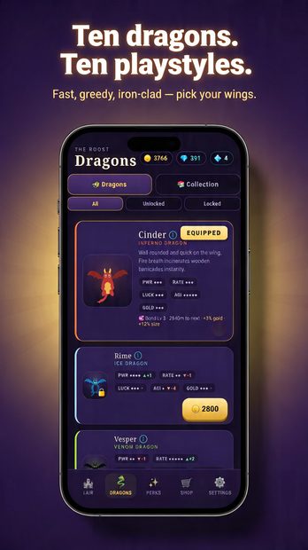 Tiny Dragon Hoard screenshot — the roost of one-of-a-kind dragons
