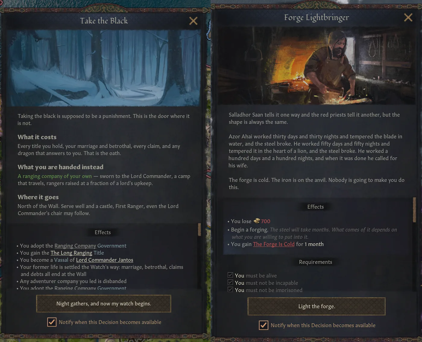 Take the Black and Forge Lightbringer decision windows in Crusader Kings III, showing their costs and effects