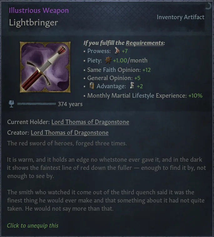 The Lightbringer artifact in Crusader Kings III — the red sword of heroes, forged three times
