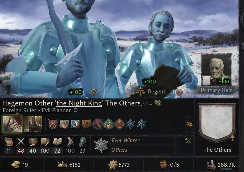 The Night King character view in Crusader Kings III, ruler of The Others with the Ever Winter faith
