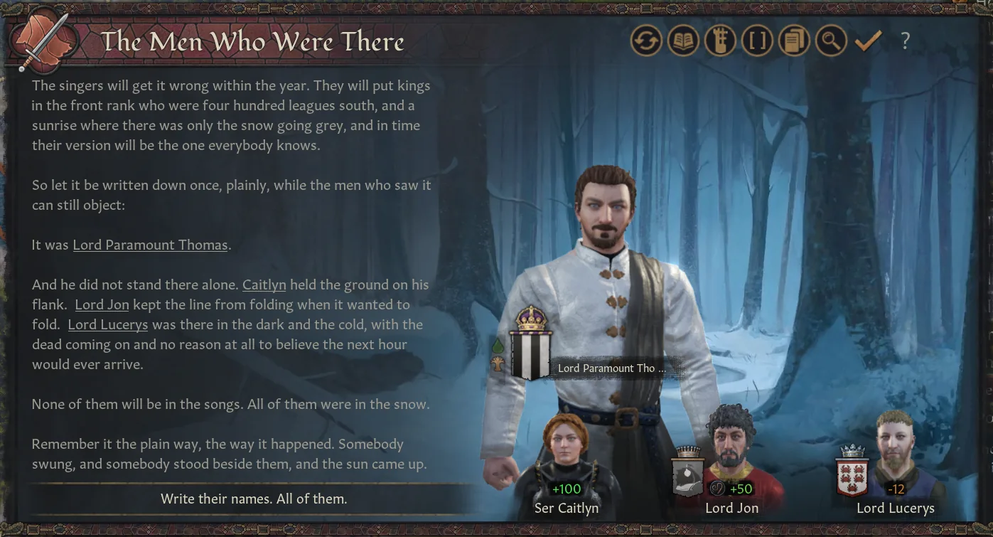 The Men Who Were There event in Crusader Kings III — the end-of-war card naming every character who stood at the final battle