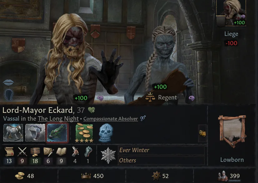 A wight in Crusader Kings III — a risen lord keeping his own face, titles and vassals under the Night King