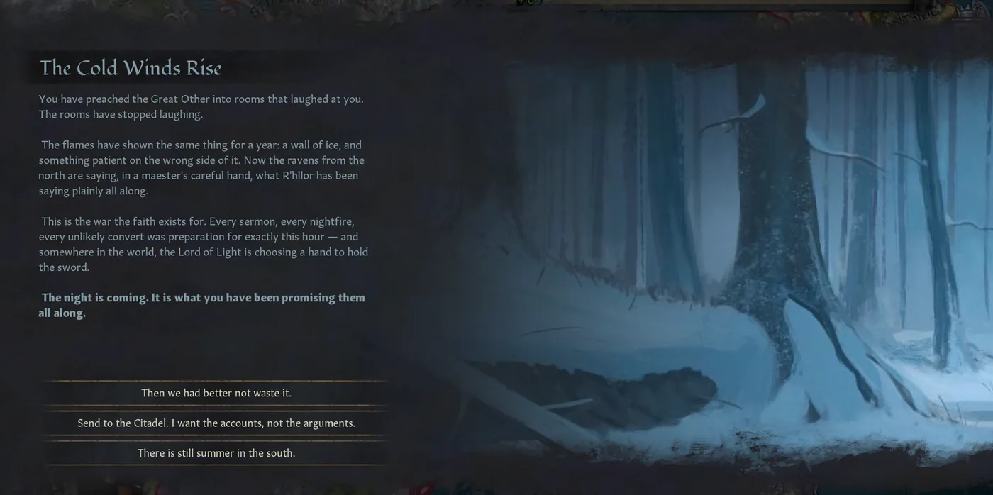 The Winter Is Coming phase card in Crusader Kings III, announcing the turn of the age
