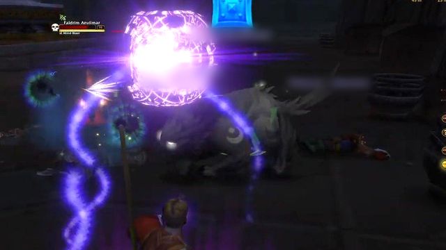A Human Warlock summoning his Voidwalker in a purple circle during a dungeon boss fight