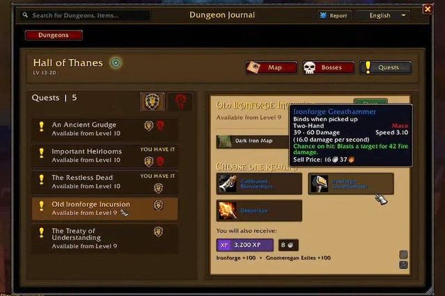 The in-game Dungeon Journal open on Hall of Thanes, listing five quests and the rewards for Old Ironforge Incursion
