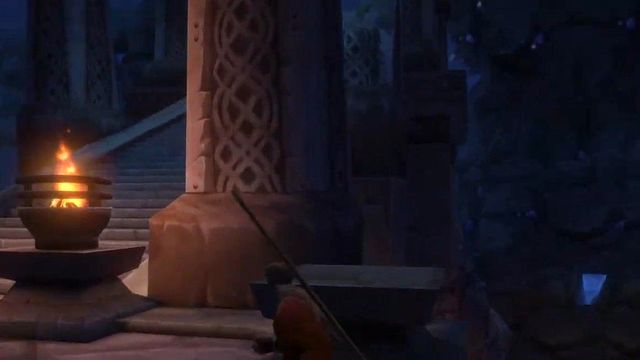 Stone stairs with a lit brazier, leading down into Old Ironforge