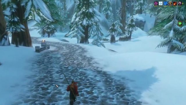 A Human Warlock walking a snowy cobbled road through pine trees in Dun Morogh