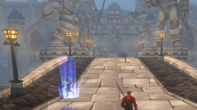 A Human Warlock walking out of Stormwind across the bridge in the Valley of Heroes, past a blue portal